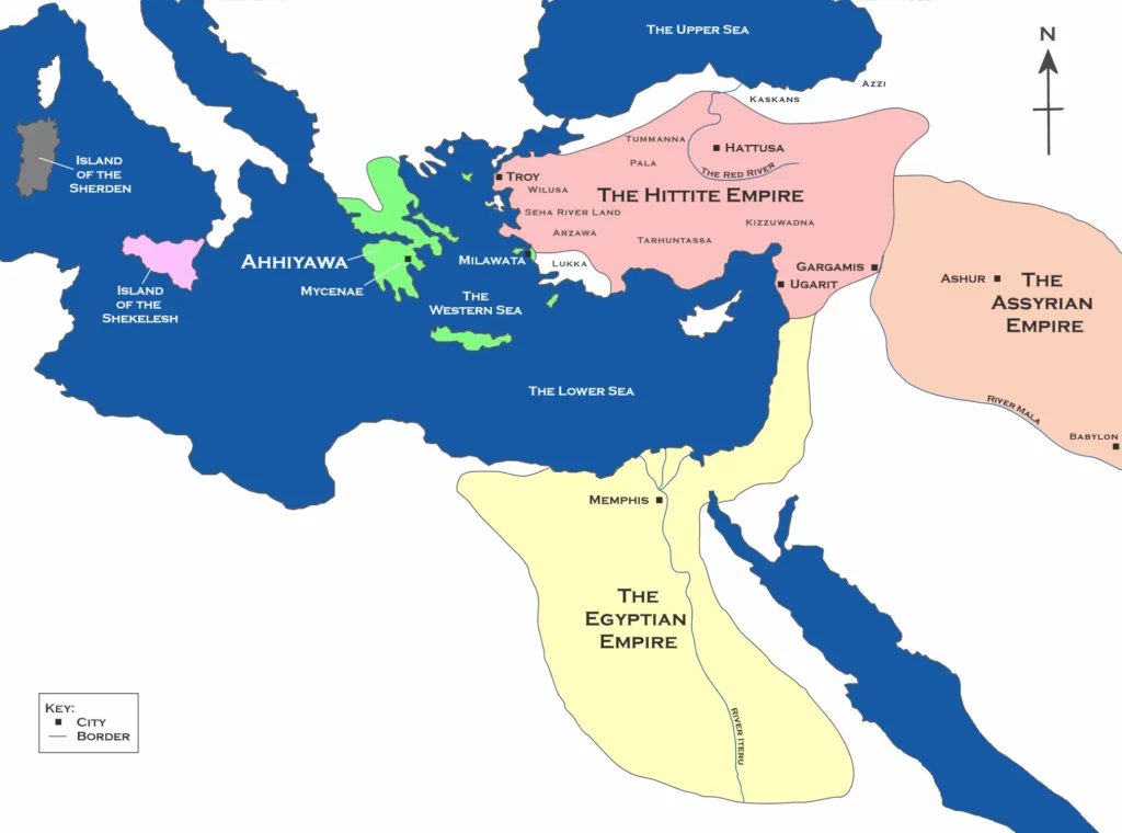 A map of the Hittite Empire and surrounding states, including the Assyrian Empire, the Egyptian Empire, and Ahhiyawa.  
