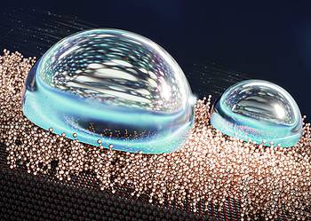 An artist's depiction of the liquid-like layer of molecules repelling water droplets. Image credits: Ekaterina Osmekhia / Aalto University.