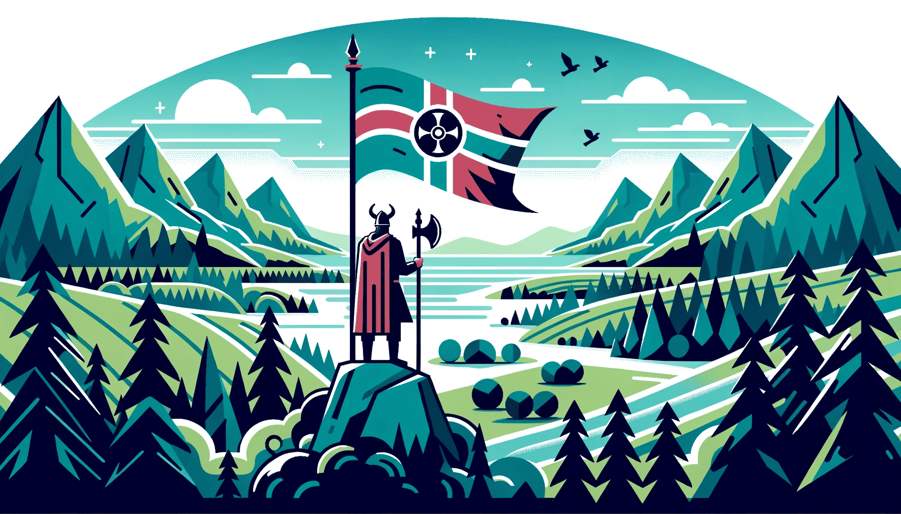 Illustration of viking overlooking north america