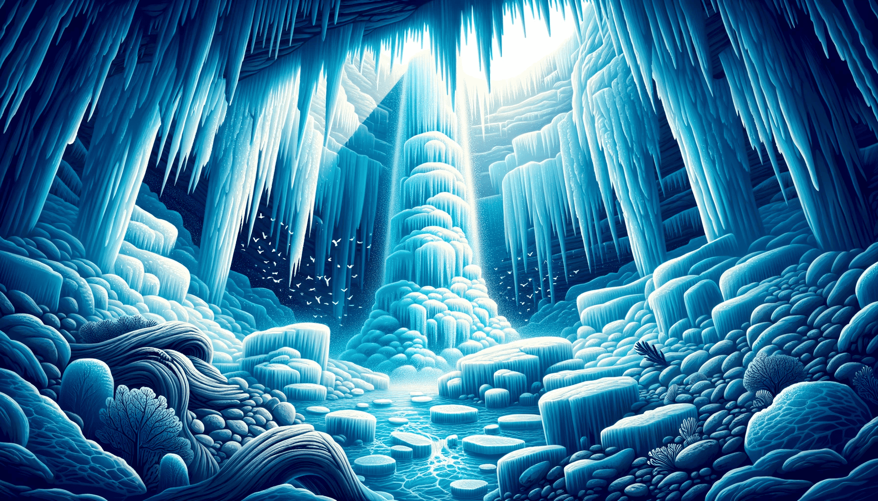 Vector illustration of a frozen waterfall hidden beneath Antarctica's ice. As the sunlight filters through the ice above, it casts a mesmerizing blue hue on the cascading water, surrounded by ancient plant fossils trapped in the ice.

