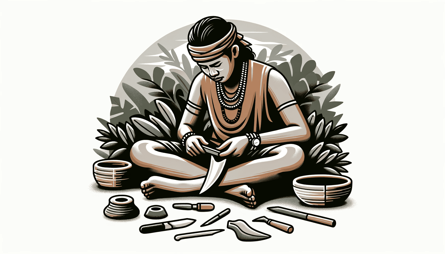 An Indonesian Toalean craftsman, seated on the ground, engrossed in the detailed process of crafting a shark tooth knife. 