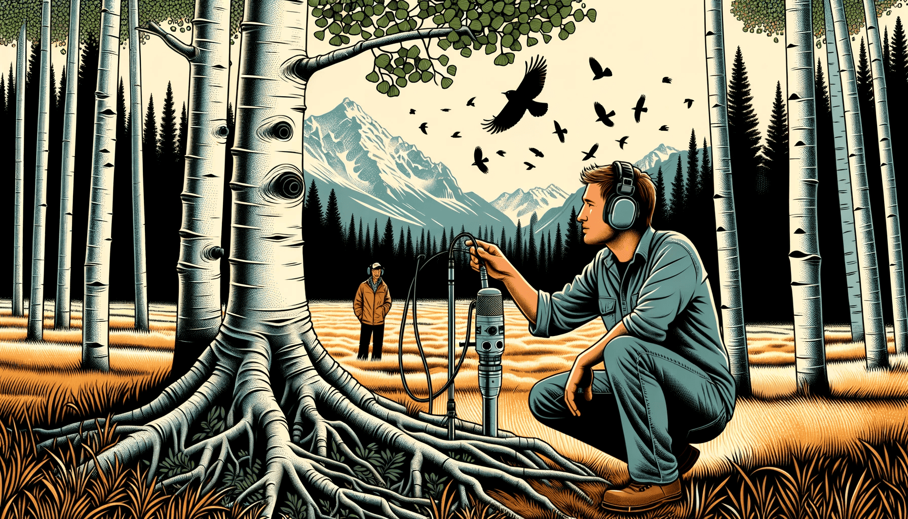 Art of an audio engineer with headphones, placing a hydrophone next to the root of an aspen tree in the Pando grove. Credit: AI-generated, DALL-E 3. 