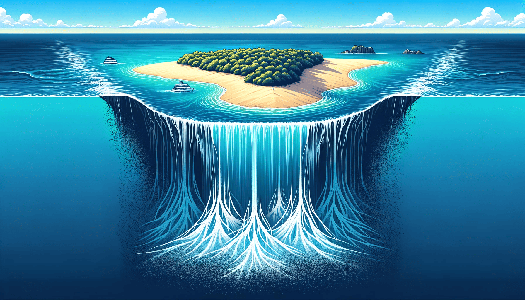 Vector art depiction of the Mauritius underwater waterfall illusion.