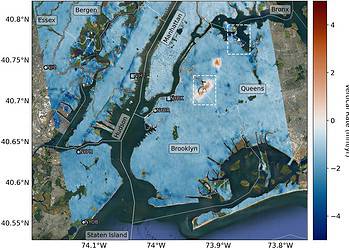 Mapping vertical land motion across the New York City area, researchers found the land sinking (indicated in blue) by about 0.06 inches (1.6 millimeters) per year on average. They also detected modest uplift (shown in red) in Queens and Brooklyn. White dotted lines indicate county/borough borders. Credit: NASA/JPL-Caltech/Rutgers University.