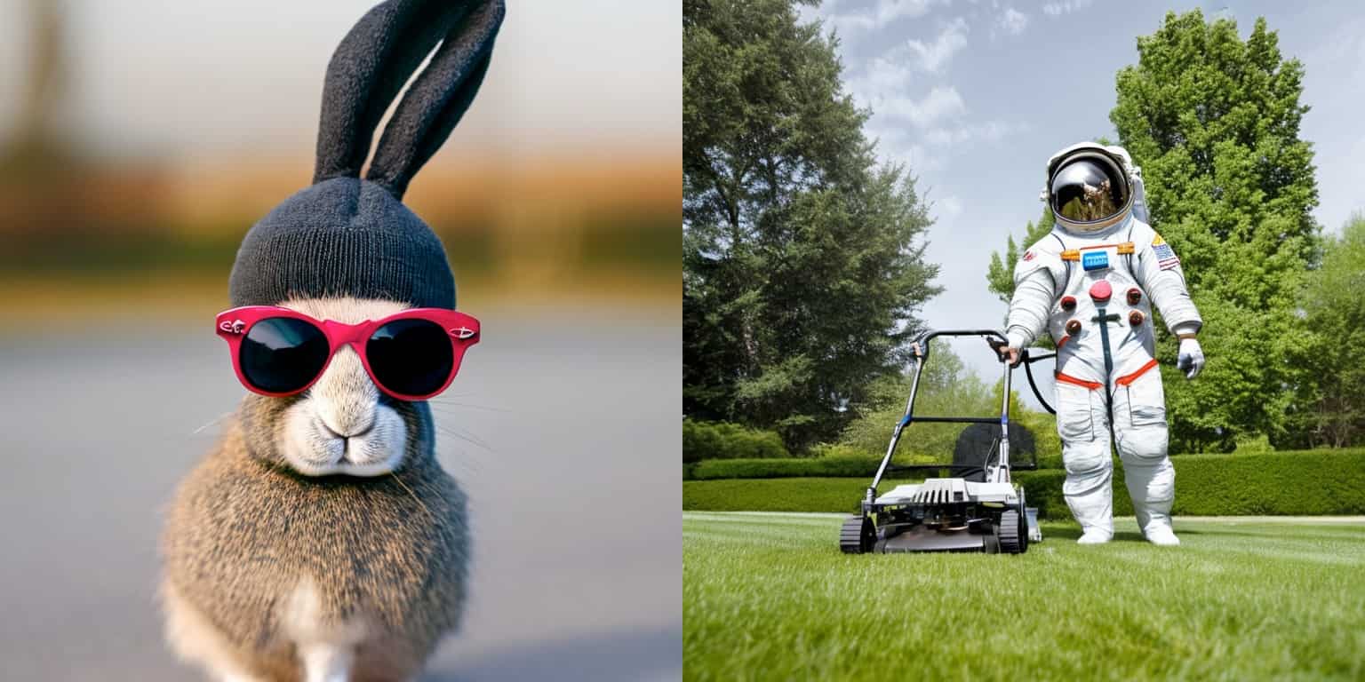 AI generated rabbit with sunglasses and astronaut mowing a lawn.