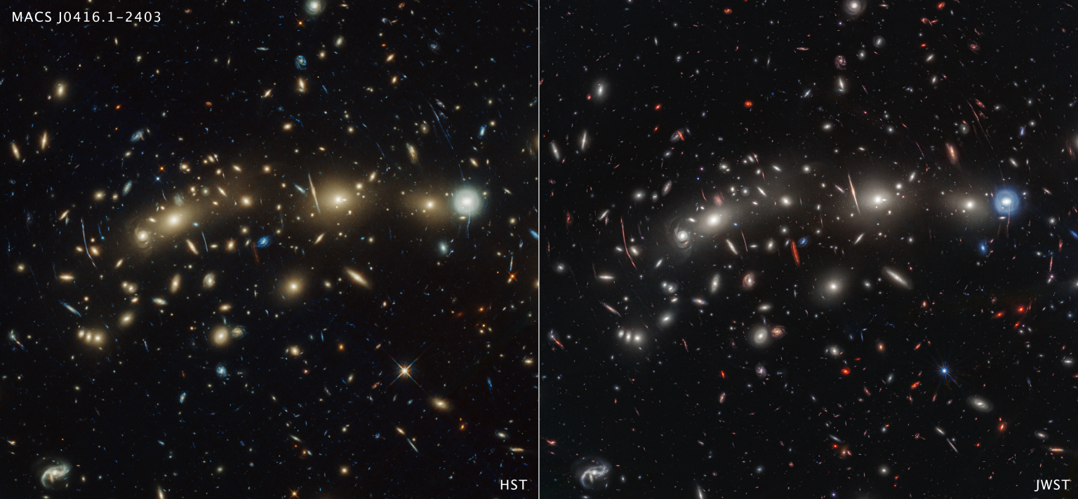This side-by-side comparison of galaxy cluster MACS0416 as seen by the Hubble Space Telescope in optical light (left) and the James Webb Space Telescope in infrared light (right). 