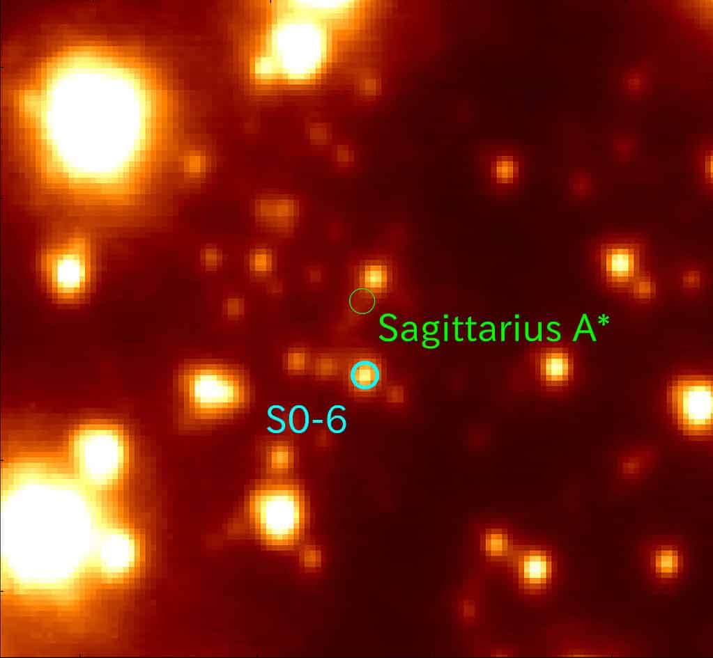 The image shows many stars in a field of view about 0.4 light-years across. The star S0-6 (blue circle), the subject of this study, is located about 0.04 light-years from the supermassive black hole Sagittarius A* (Sgr A*, green circle). 