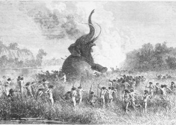 Prehistoric people are attacking an elephant. Image credits: Bryant & Gay.