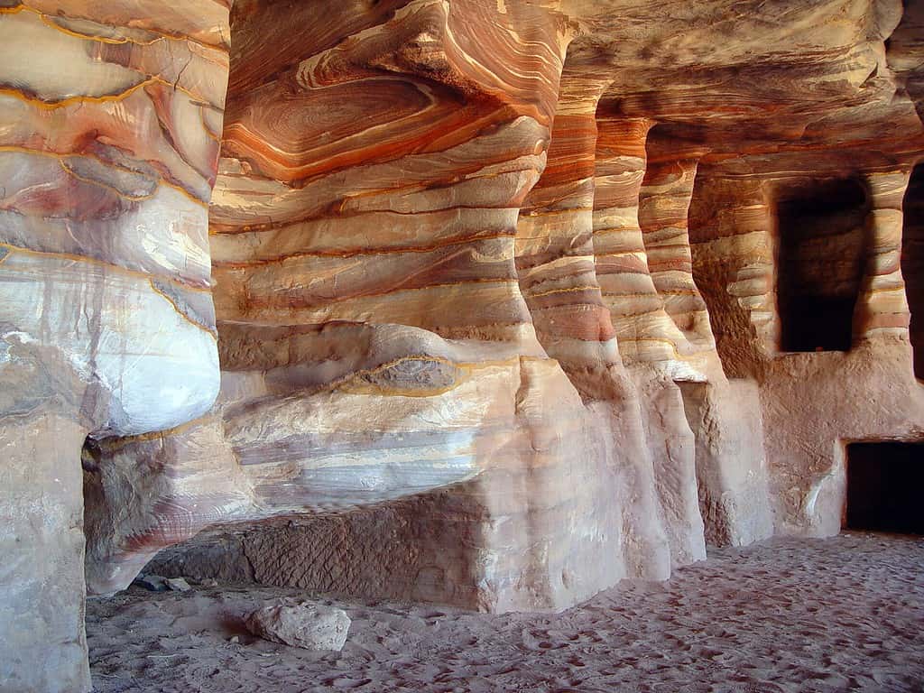Kokh-type tombs cut into the multicoloured sandstone of Petra
 