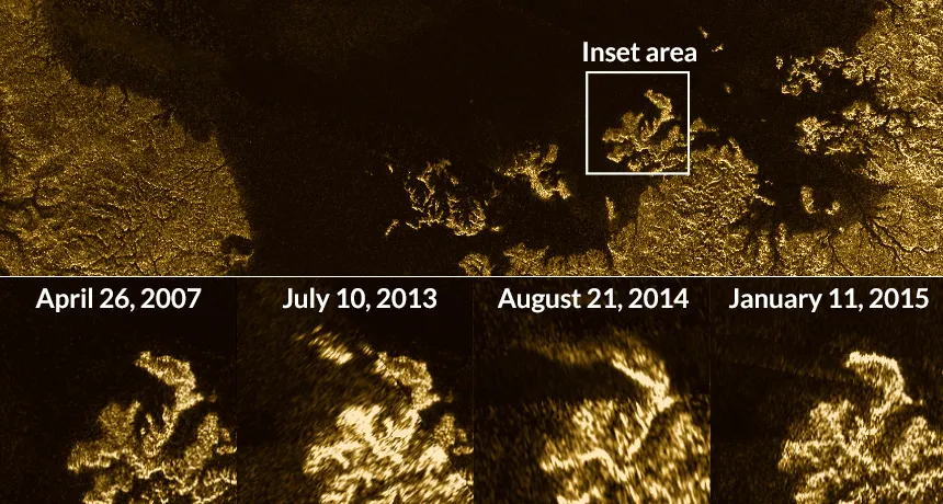 On-again, off-again bright spot, or “magic island,” on Saturn’s moon Titan.