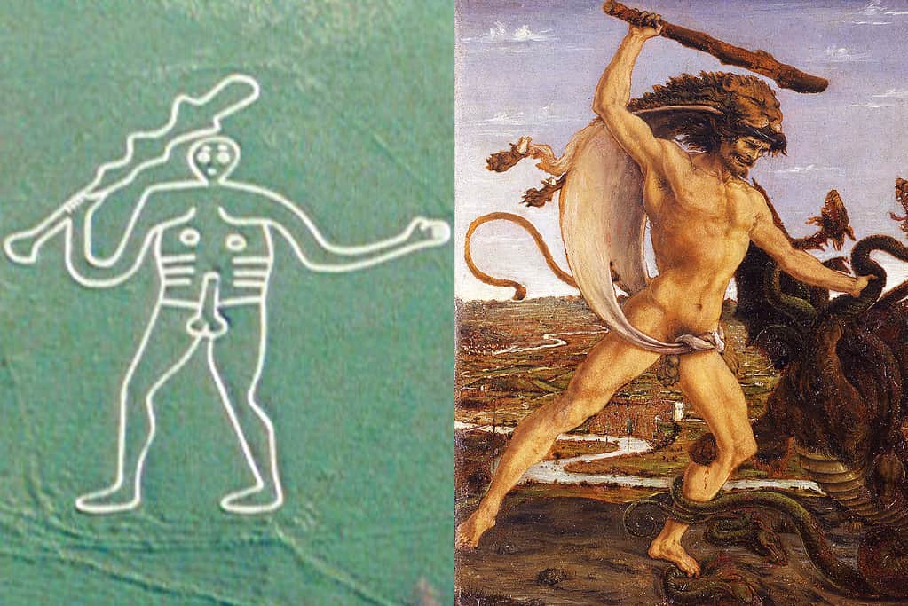 The Cerne Abbas Giant (left) and a Hercules painting (right)