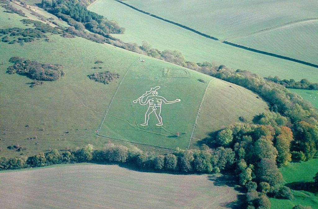 Aerial view of the Cerne giant in Dorset, England.