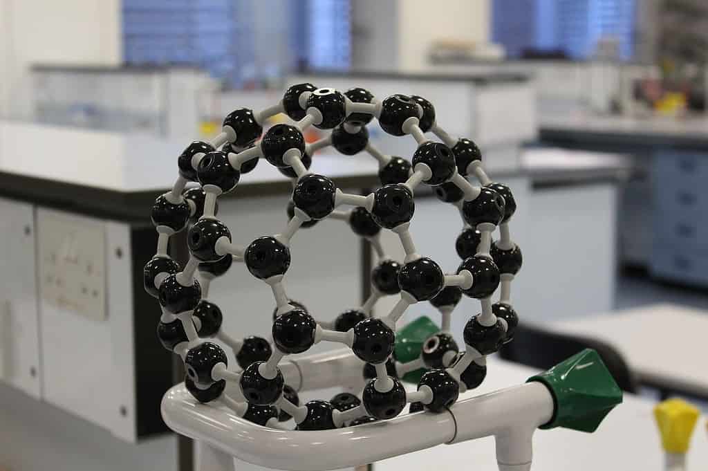 This model shows the arrangement of carbon atoms in fullerene (or 'buckyball') a large molecule made up of 60 carbon atoms.