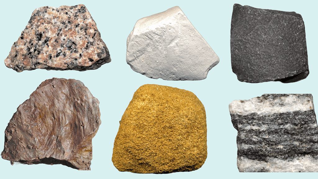Top: granite, chalk, basalt. Bottom: claystone, sandstone, gneiss.
