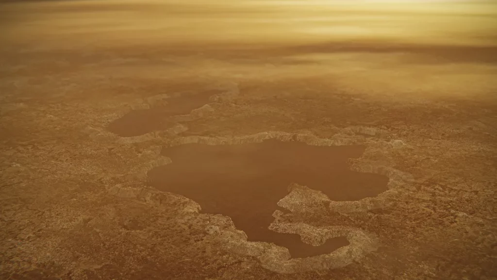 An artist's illustration shows a lake at the north pole of Saturn's moon Titan, including raised rims spied by Cassini.
