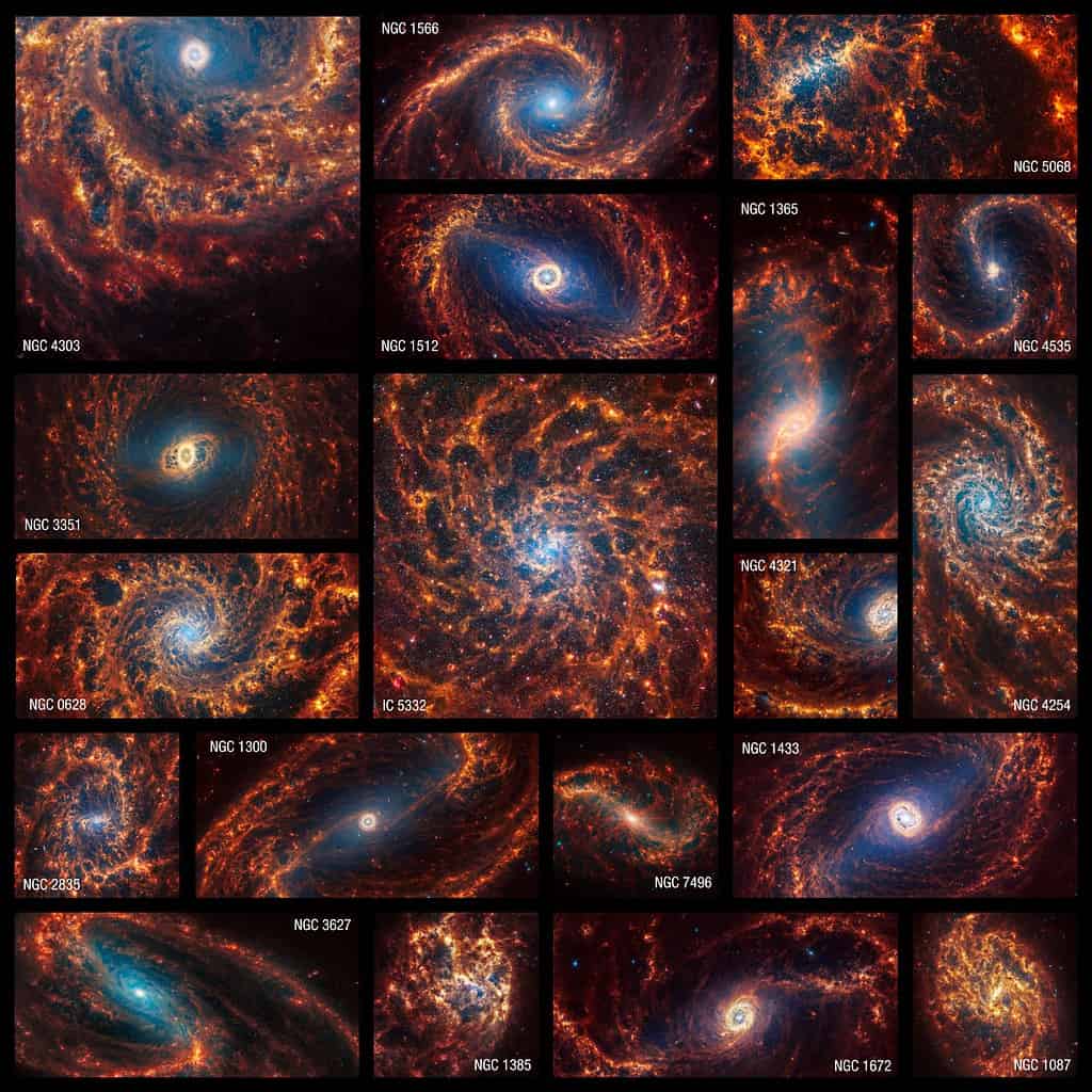 19 nearby face-on spiral galaxies in near- and mid-infrared light