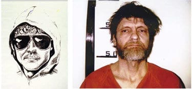 Facial composite sketch of the Unabomber drawn by Jeanne Boylan. Right: photograph of the person who was later convicted for the crimes, Ted Kaczynski. Credit: FBI, public domain.