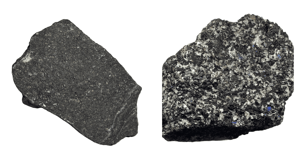 A comparison between two rocks (basalt, left and gabbro, right) with similar chemical composition.