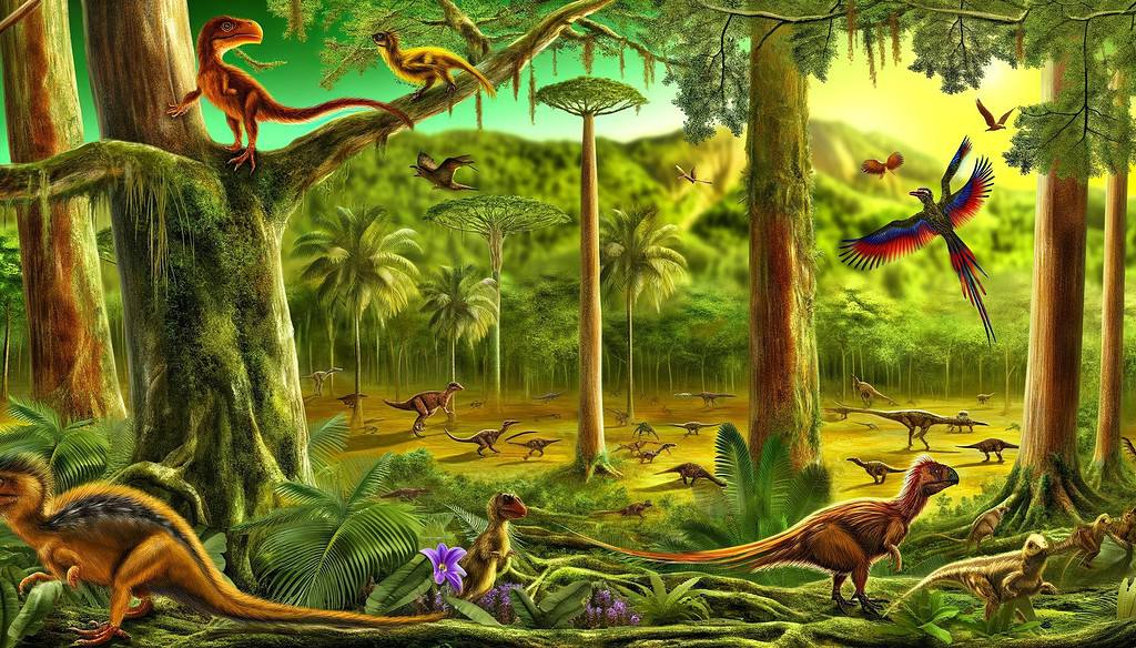 Small dinosaurs in cretaceous scenery