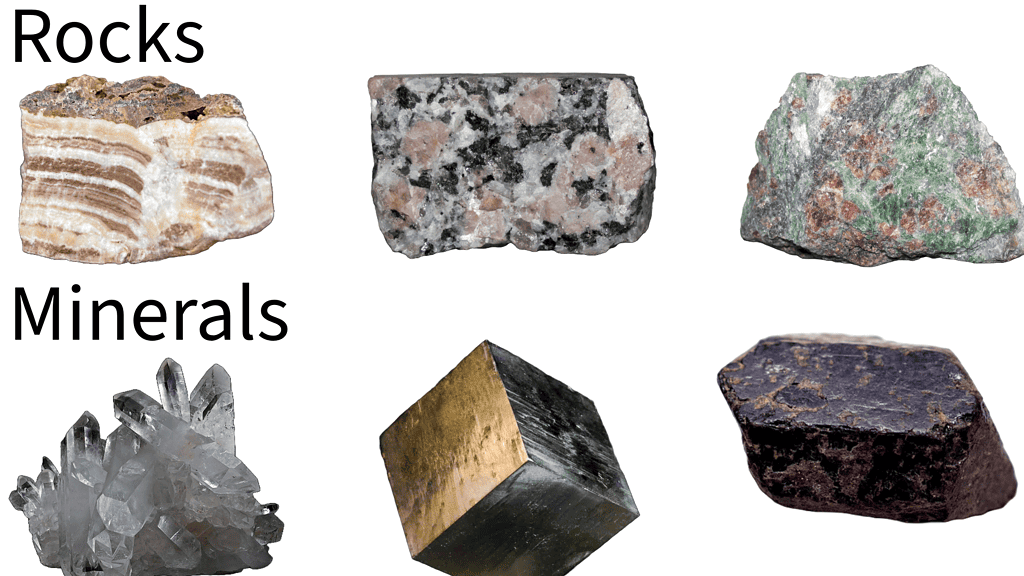Rocks and minerals both come in a large number of shapes and sizes. In principle, however, rocks are more complex and consist of multiple types of minerals.