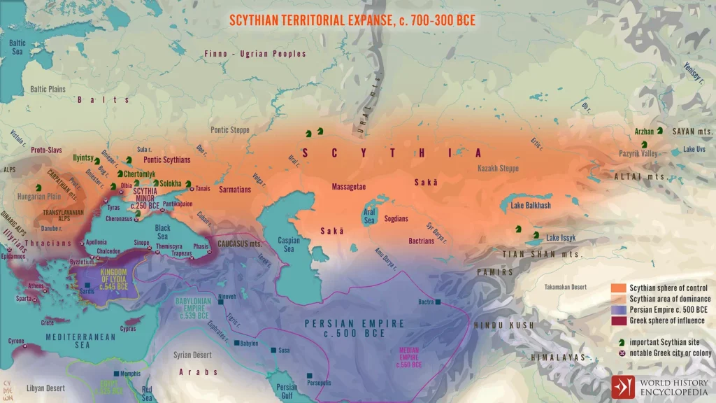 A map illustrating the expansion of the warrior nomad Scythians between the 7th and 3rd century BCE across Asia and Europe.

