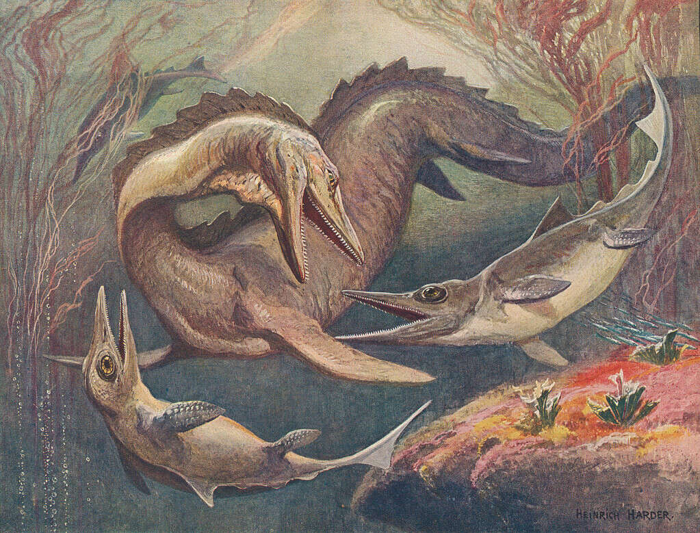 Early interpretation of Mosasaurus battling two Ichthyosaurs