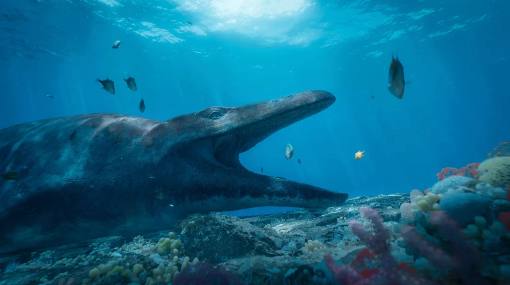 A Mosasaurus resting in shallow waters allows fish to clean its teeth