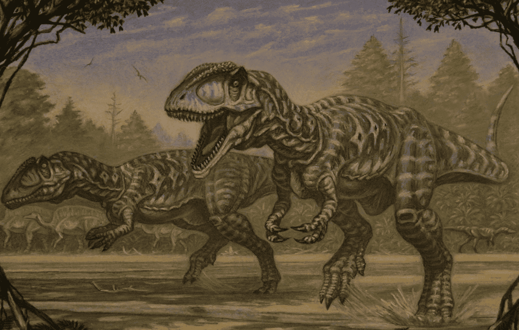 Artist's depiction of Carcharodontosaurus in their natural environment
