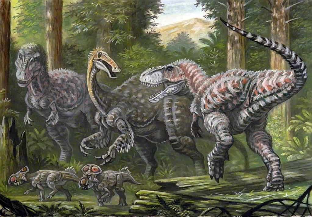 A Deinocheirus being apprehended by two Tarbosaurus