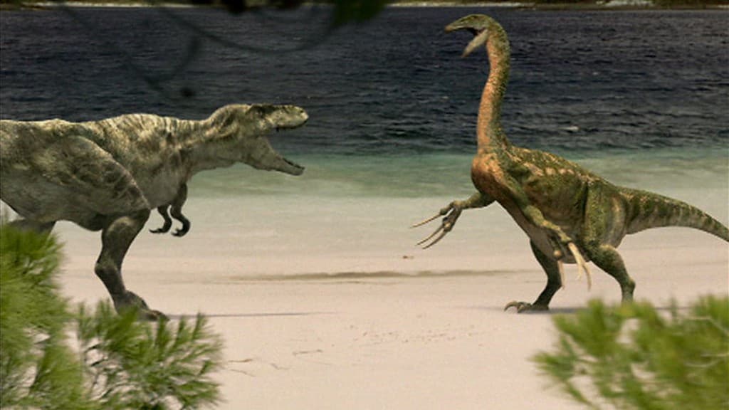 Therizinosaurus facing off a Tarbosaurus