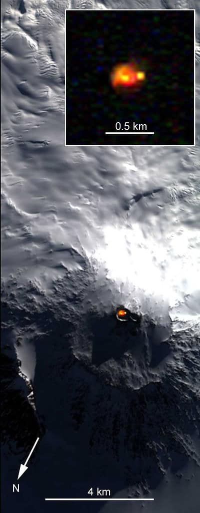 Satellite picture of Mount Erebus showing glow from its persistent lava lake
