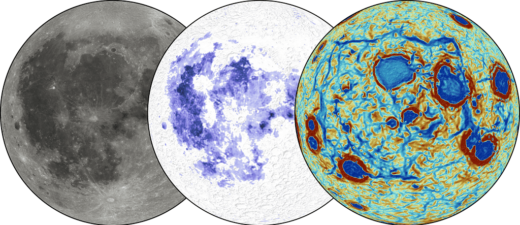 The lunar near side with its dark regions, or “mare,” covered by titanium-rich volcanic flows (center) makes up the moon’s familiar sight from Earth (left). The mare region is surrounded by a polygonal pattern of linear gravity anomalies (blue in image on the right) interpreted to be the vestiges of dense material that sank into the interior. Their presence provides the first physical evidence for the nature of the global mantle overturn more than 4 billion years ago. Credit: Adrien Broquet/University of Arizona.