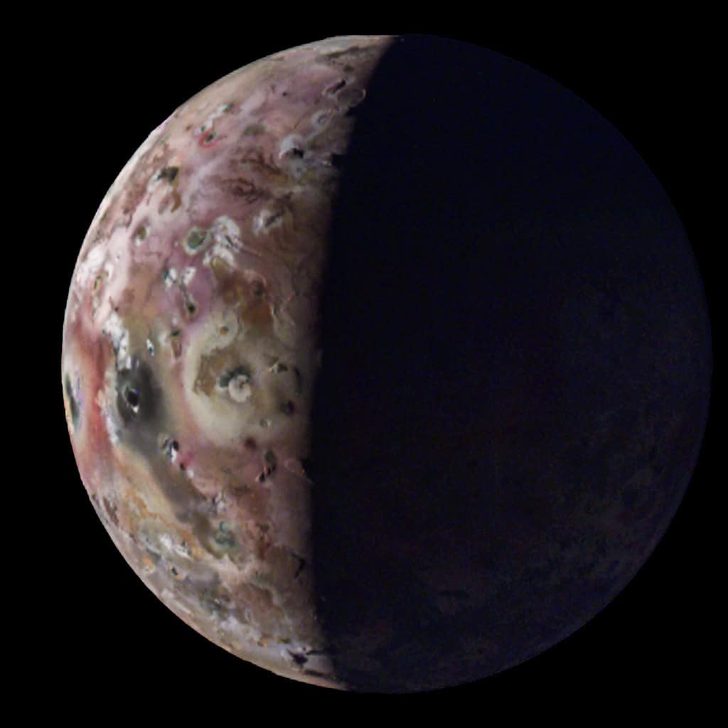 The JunoCam instrument on NASA’s Juno captured this view of Jupiter’s moon Io — with the first-ever image of its south polar region — during the spacecraft’s 60th flyby of Jupiter on April 9. Credit: Image credit: NASA/JPL-Caltech/SwRI/MSSS. Image processing: Gerald Eichstädt/Thomas Thomopoulos (CC BY) 