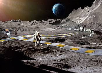 Moon landscape, lunar surface with planet Earth on the horizon (3d space illustration banner)
